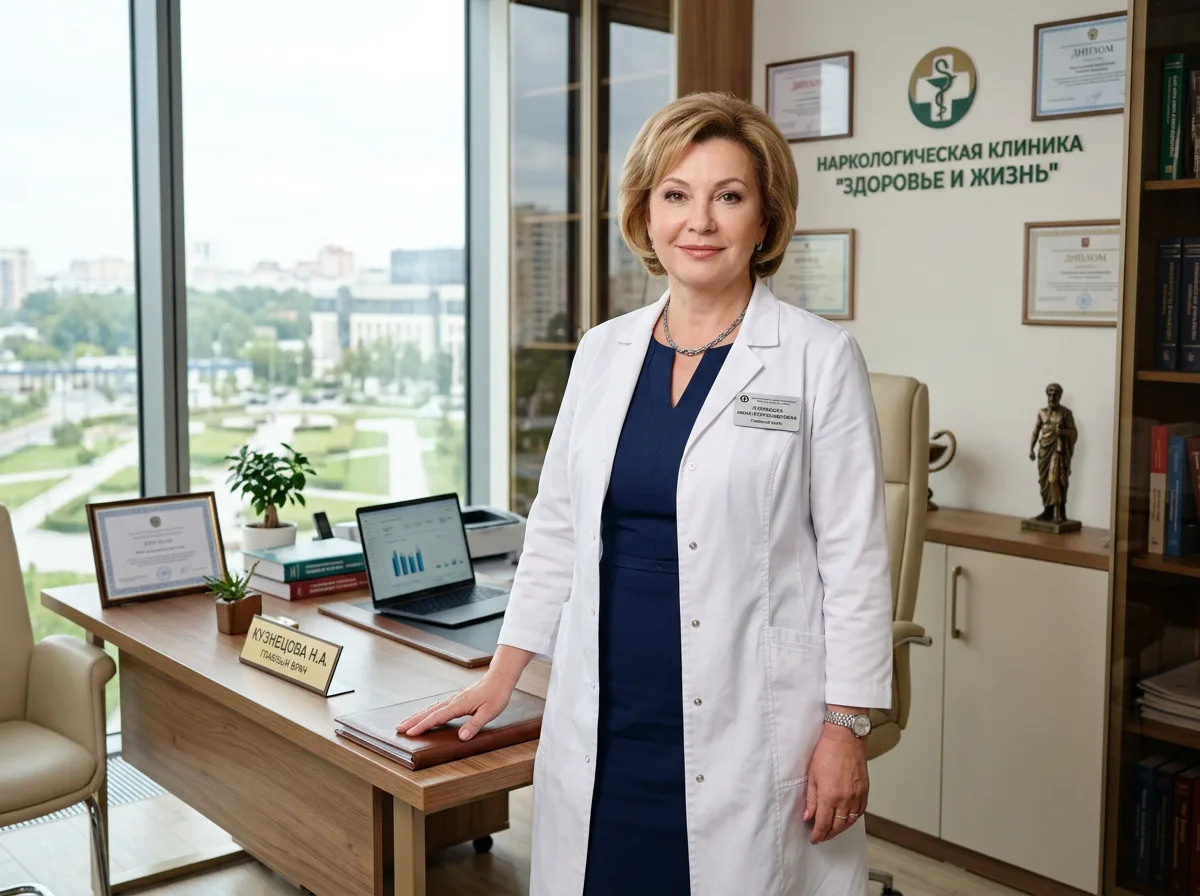 Кузнецова Нина Александровна — главный врач наркологической клиники, женщина в белом халате, профессиональный медицинский портрет, уверенный взгляд, современный кабинет